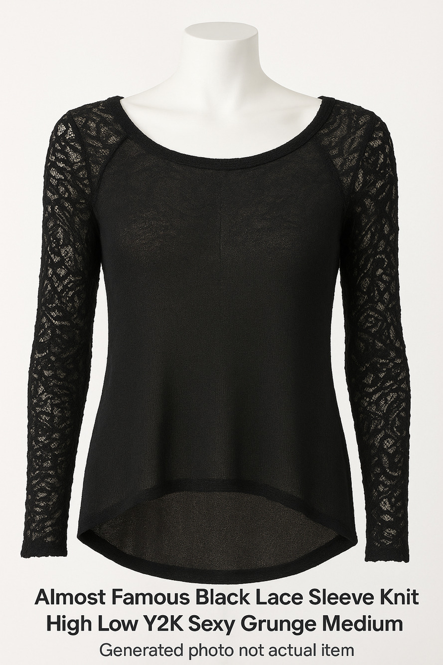Almost Famous Black Lace Knit Sheer Boho Grunge Long Sleeve Top Y2K Trendy Small